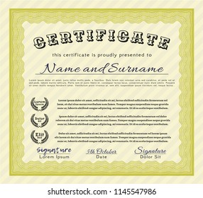 Yellow Diploma template. Sophisticated design. With guilloche pattern. Detailed. 