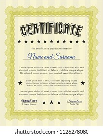 Yellow Diploma template. Vector illustration. With linear background. Money Pattern. 