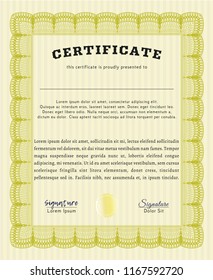 Yellow Diploma template. Vector illustration. With guilloche pattern and background. Sophisticated design. 