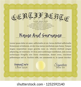 Yellow Diploma template. Vector illustration. With complex linear background. Excellent design. 