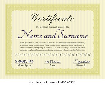 Yellow Diploma template. Vector illustration. With great quality guilloche pattern. Superior design. 