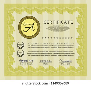 Yellow Diploma. Vector illustration. Complex background. Money Pattern design. 