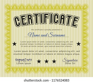 Yellow Diploma. Vector illustration. With complex linear background. Superior design. 