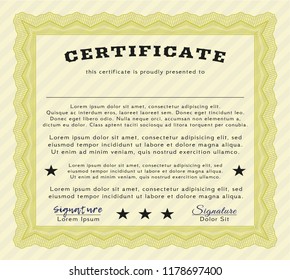 Yellow Diploma. Vector illustration. With great quality guilloche pattern. Money Pattern. 