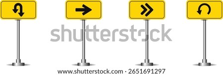 Yellow direction road sign set with arrow symbols for U-turn, right turn, merge, and reverse navigation, ideal for traffic safety, education materials, or highway guidance design.
