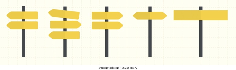 Yellow directional signs on poles, each with different arrow shapes. Signs point in various directions. Yellow signs guide and direct. Isolated illustration elements, vector set.