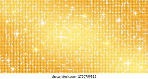Yellow disco ball mosaic background with mirror glitter texture. Shiny warm orange tones sequin pattern. Festive golden dance floor. Glam gold sparkle Christmas celebration. Vector illustration.