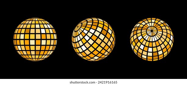 Yellow disco ball set. Collection of wireframe spheres in different angles. Grid globe or checkered ball bundle. Gold mirrorball element pack for poster, banner, music cover, party. Vector