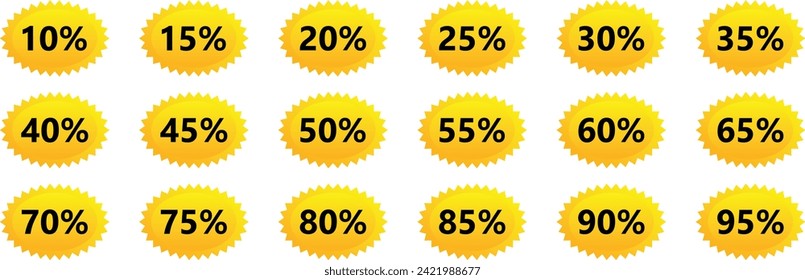 Yellow Discount badges, tags, stickers Discount badges. 10% to 95percent off. Vector illustration