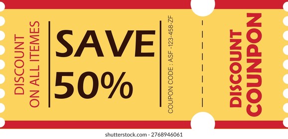 A yellow discount coupon with red borders and white holes, featuring black and red text with a coupon code on a white background