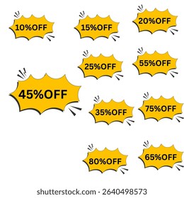 yellow discount label set in various shapes. Vector design for promotions and sales.
