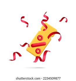 Yellow discount sale voucher coupon in 3d vector design element. Cartoon render benefit shopping holiday surprise bonus offer ticket with percentage and confetti  poster template.