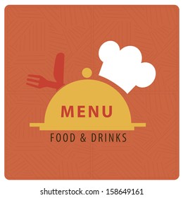 a yellow dish with a hat and some utensils with text in a textured orange background