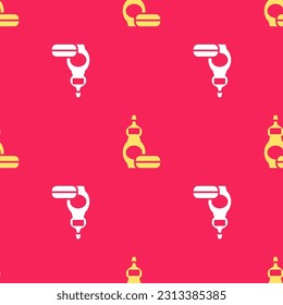 Yellow Dishwashing liquid bottle icon isolated seamless pattern on red background. Liquid detergent for washing dishes.  Vector