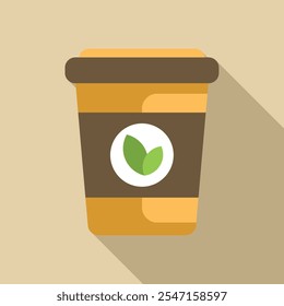 Yellow disposable coffee cup with brown lid and sleeve featuring a green leaf logo, suggesting eco friendly packaging