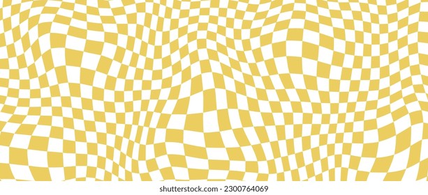 Yellow distorted checkerboard background. Retro psychedelic checkered wallpaper. Wavy groovy chessboard surface. Trippy twisted geometric pattern. Abstract vector backdrop