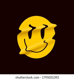 Yellow distorted smile emoji isolated on black background. Yellow smile face logo sticker or poster template for stand up comedy show. Vector illustration.