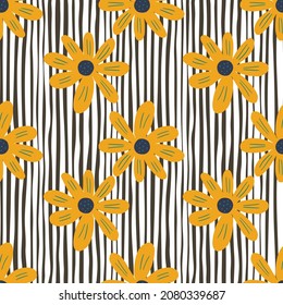 Yellow ditsy flowers seamless pattern on stripes background. Cute chamomile print. Floral ornament. Pretty botanical backdrop. Design for fabric , textile print, surface, wrapping, cover.