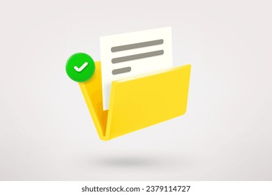 Yellow document folder with green checkmark. 3d vector icon