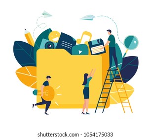 yellow document storage folder,Vector flat illustration, cloud storage, data processing, message sending, illustration for web design marketing and printed materials vector