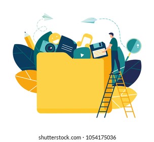 yellow document storage folder,Vector flat illustration, cloud storage, data processing, message sending, illustration for web design marketing and printed materials