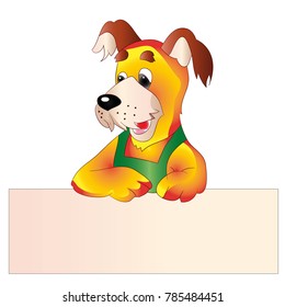 Yellow dog with blank template for text, cartoon on white background, vector