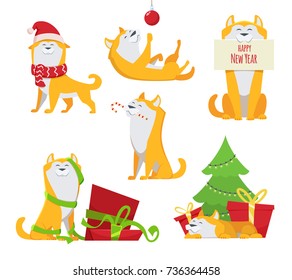 Yellow dog in cartoon style. Symbols of 2018. Character of funny pet. Character animal dog to holiday new year. Vector illustration