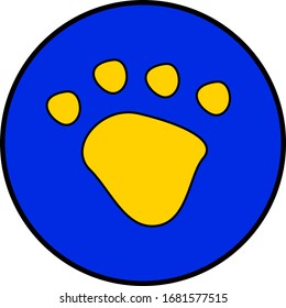Yellow dog or cat paw print button pet vector icon on blue circle. Animal, pet, tracks, and footprints concepts.