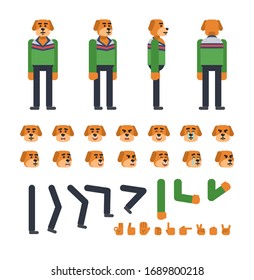 Yellow dog character in green sweater creation set. Create your own pose, action, animation. Flat design vector illustration
