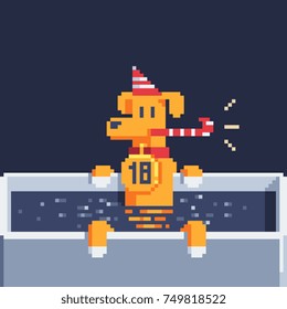 Yellow dog character have happy new year party. Pixel art greeting card design. Isolated vector illustration. Symbol of 2018 year.