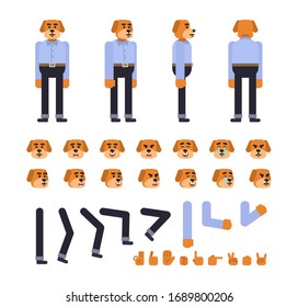 Yellow dog character in light blue shirt and dark pants creation set. Create your own pose, action, animation. Flat design vector illustration