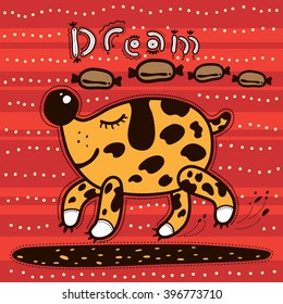 Yellow dog with dark spots is running. Dog is dreaming about sausages. A red background with white dots.
