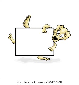 A yellow dog holds a blank sheet in a black frame. Vector billet for advertising