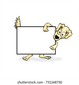 Yellow dog holds a blank sheet in a black frame. Vector billet for advertising