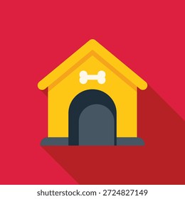 Casa de perro amarillo con el logotipo del hueso que proyecta una sombra sobre fondo rojo