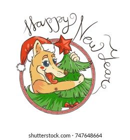 Yellow dog for New Year 2018, cute symbol of horoscope. Cute puppy in cartoon doodle style. Vector illustration.