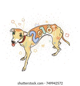 Yellow dog for New Year 2018, cute symbol of horoscope. Cute and pretty italian greyhound for holidays. Cute puppy in cartoon doodle style. Vector illustration.