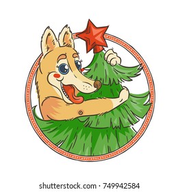 Yellow dog for New Year 2018, cute symbol of horoscope. Cute puppy in cartoon doodle style. Vector illustration.