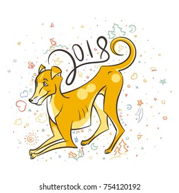 Yellow dog for New Year 2018, cute symbol of horoscope. Cute puppy in cartoon doodle style. Vector illustration.