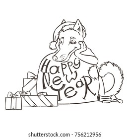 Yellow dog for New Year 2018, cute symbol of horoscope. Cute puppy in cartoon doodle style. Vector monochromatic illustration.