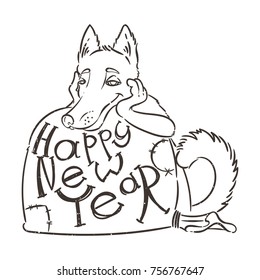 Yellow dog for New Year 2018, cute symbol of horoscope. Cute puppy in cartoon doodle style. Vector monochromatic illustration.