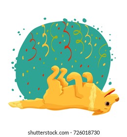 Yellow dog on the back with serpentine and confetti. New Year holiday.