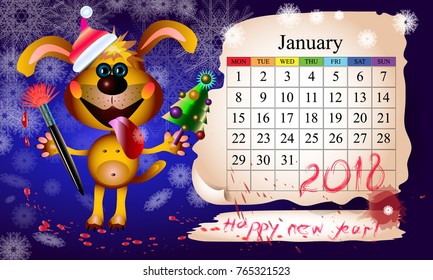 a yellow dog on a background with a calendar for January 2018, smiling cheerfully, snowflakes, a brush and red paint, a small Christmas tree in his hand, an inscription of a happy new year