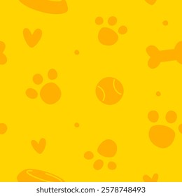 Yellow dog pattern with accessories silhouette. Seamless vector pet print for goods.