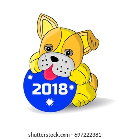Yellow dog is playing with a New Year's ball, cartoon on a white background.Vector