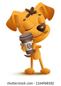 Yellow dog puppy holding coffee cup. Coffee break pleasure. Isolated on white vector cartoon illustration