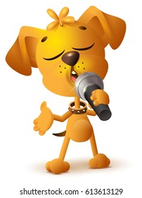Yellow dog singing solo microphone. Isolated on white vector illustration