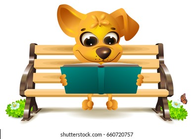 Yellow dog sits on bench and reads book. Vector 3d illustration