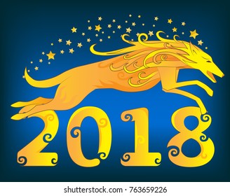 Yellow dog, symbol of 2018 on the Chinese calendar. Happy new year 2018 card for your flyers and greetings card. Vector illustration