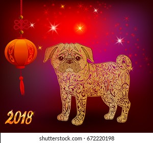 Yellow dog is the symbol of the Chinese New Year 2018. Vector illustration with lantern.